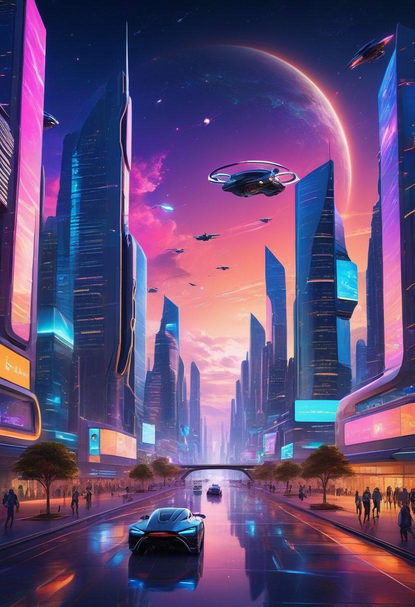 A futuristic city skyline showcasing advanced technology, featuring flying cars, solar-powered buildings, and drones in the sky. In the foreground, diverse groups of people engaging with holographic displays and virtual reality devices. Bright neon colors cascading through the scene, evoking a sense of excitement and innovation. The sky transitions from day to night, symbolizing the dawn of new tech era. sci-fi art. vibrant colors. 3D.