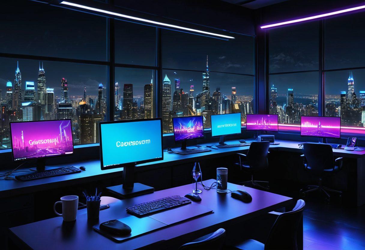 A futuristic workspace featuring the latest gadgets, like smartwatches, VR headsets, and sleek laptops illuminated by ambient neon lights. In the background, a holographic screen displays data and tech insights, with a dynamic city skyline visible through a large window. The overall atmosphere conveys innovation and excitement around technology. cyberpunk style. vibrant colors. 3D.