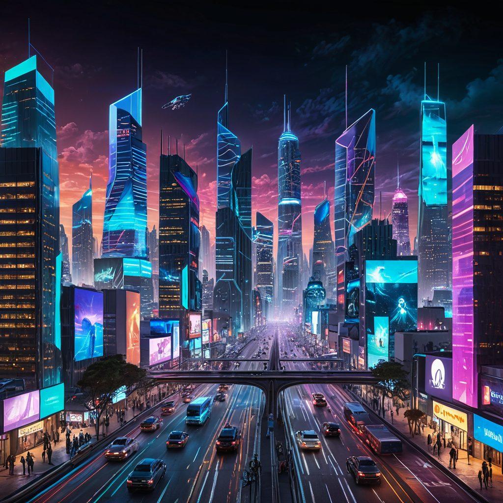 A futuristic city skyline with towering skyscrapers and neon lights, showcasing innovative technology such as drones and smart vehicles. In the foreground, diverse people engaged with holographic interfaces and wearable tech. The sky above is filled with abstract representations of digital networks and data streams, symbolizing connectivity and progress. super-realistic. vibrant colors. cyberpunk.